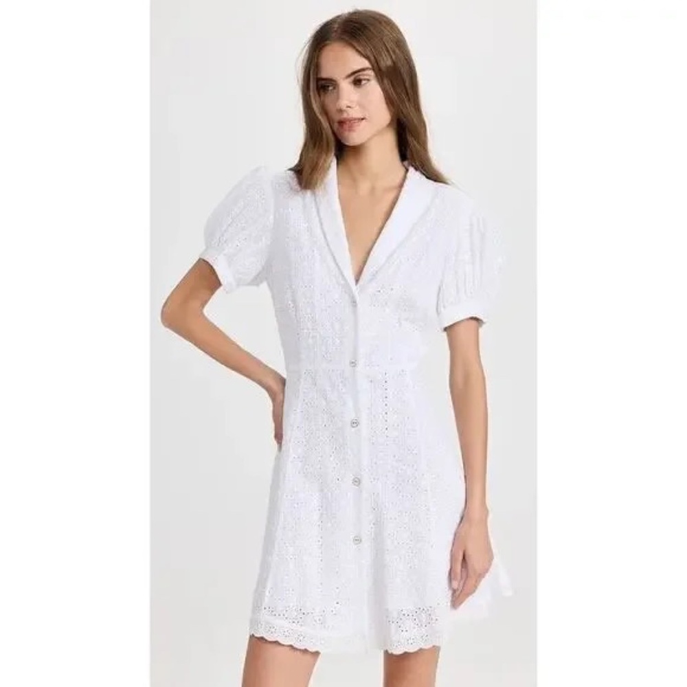CAROLINE CONSTAS Bel Buttoned Cotton Mini Dress White Eyelet Bridal Shower Small - Picture 5 of 16